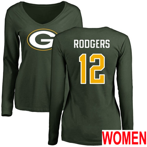 Green Bay Packers Green Women #12 Rodgers Aaron Name And Number Logo Nike NFL Long Sleeve T Shirt->nfl t-shirts->Sports Accessory